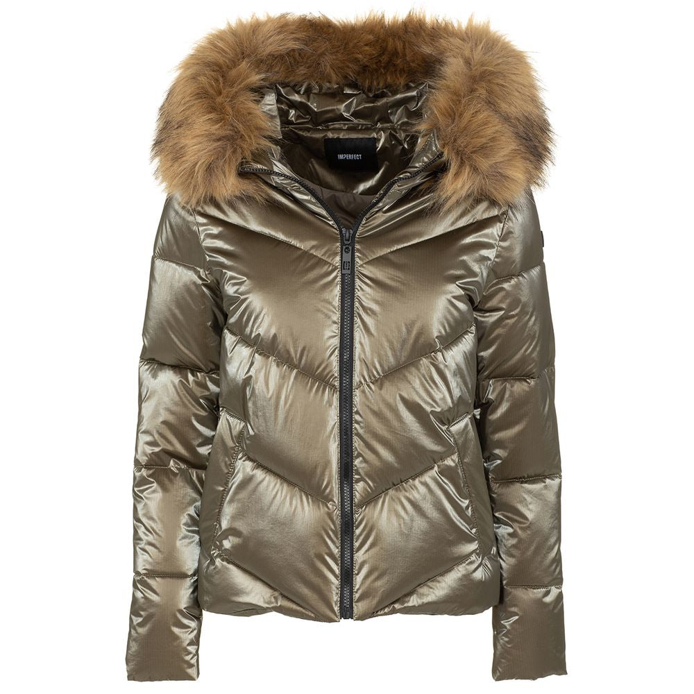 Imperfect Eco-Fur Hooded Down Jacket in Brown Imperfect