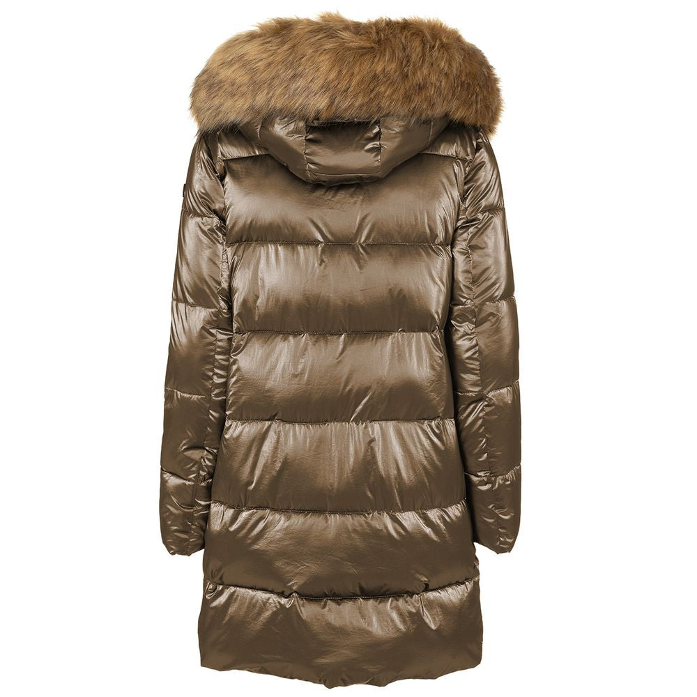 Imperfect Eco-Chic Brown Down Jacket with Faux Fur Hood Imperfect