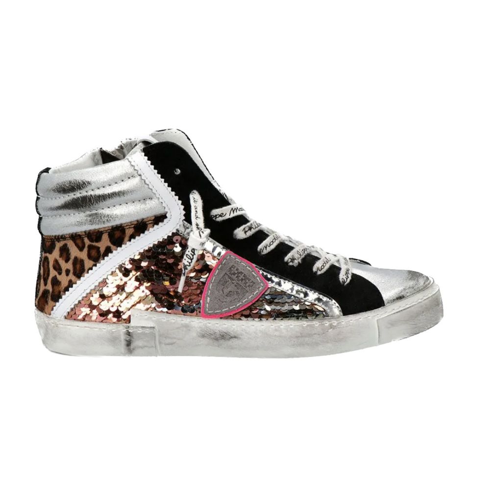 Philippe Model Elegant Gray Leather Sneakers with Sequin Details - Luxe & Glitz