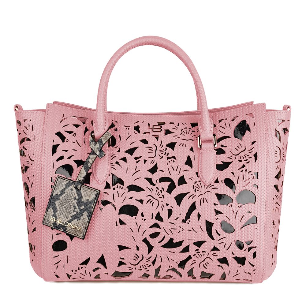 Baldinini Trend Chic Pink Calfskin Handbag with Floral Accents Baldinini Trend