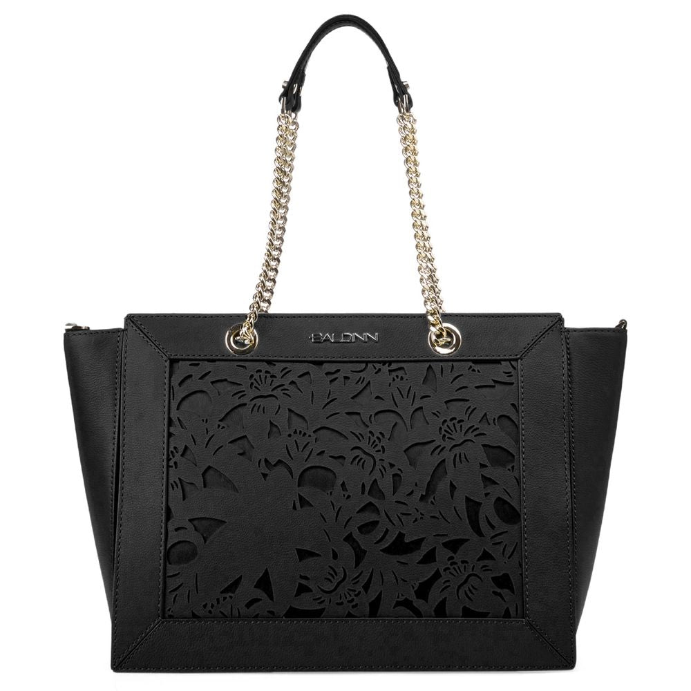 Baldinini Trend Elegant Black Floral Calfskin Shoulder Bag Baldinini Trend