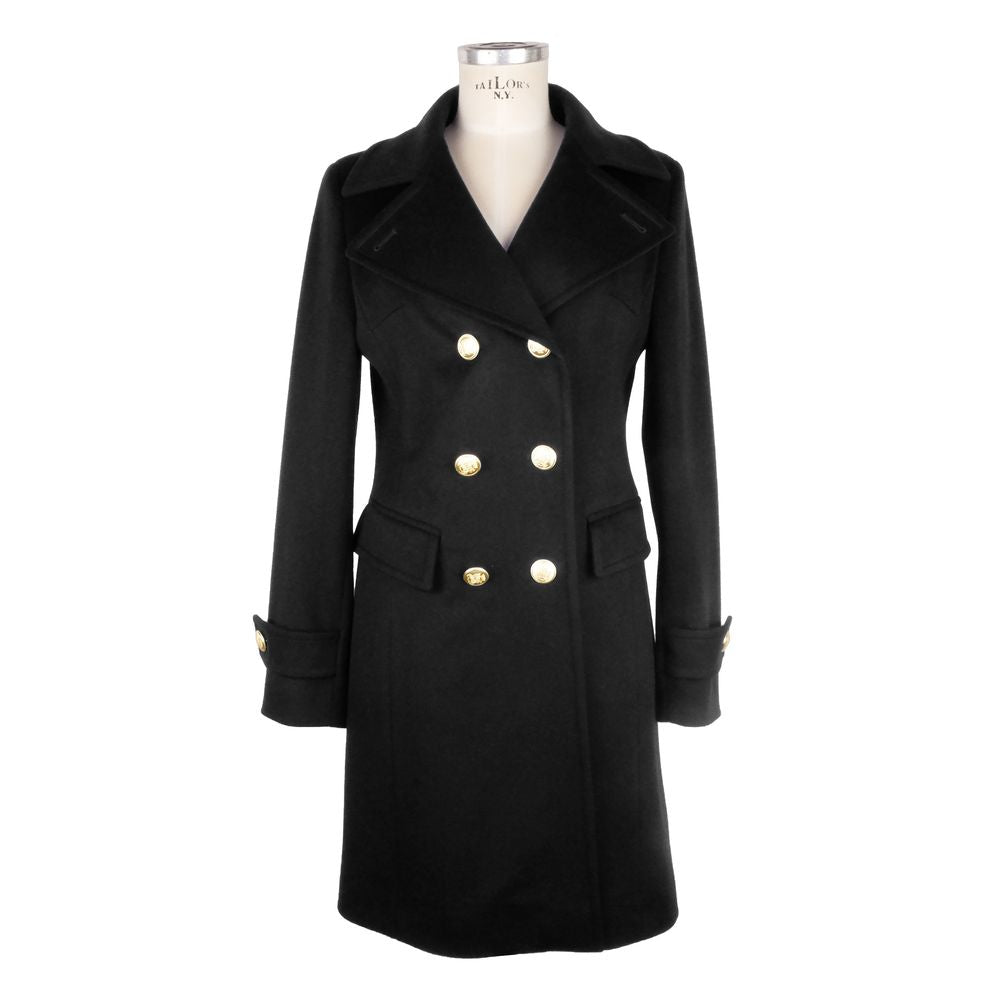 Made in Italy Elegant Black Woolen Coat with Gold Buttons Made in Italy