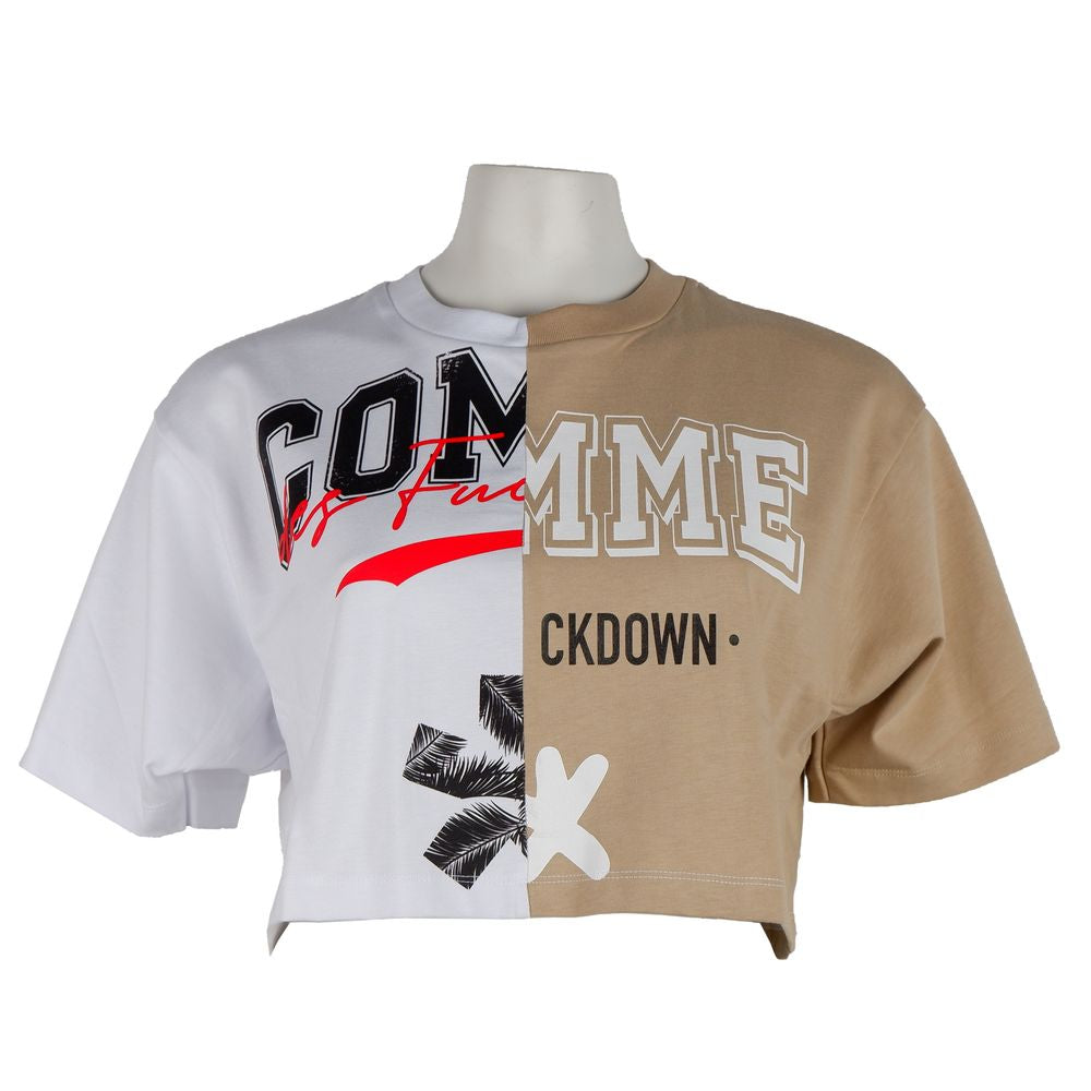 Comme Des Fuckdown Beige Couture Logo Tee with Two-Tone Print - Luxe & Glitz