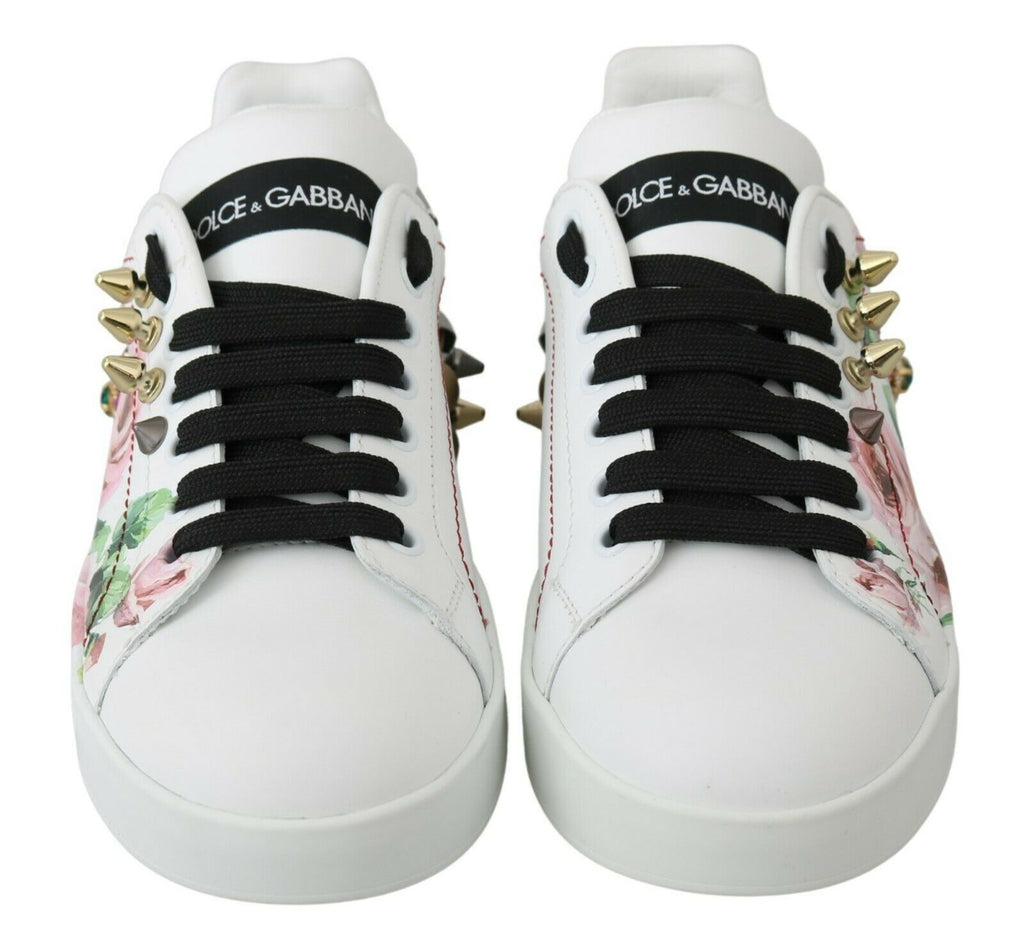 Dolce & Gabbana Floral Crystal-Embellished Leather Sneakers - Luxe & Glitz