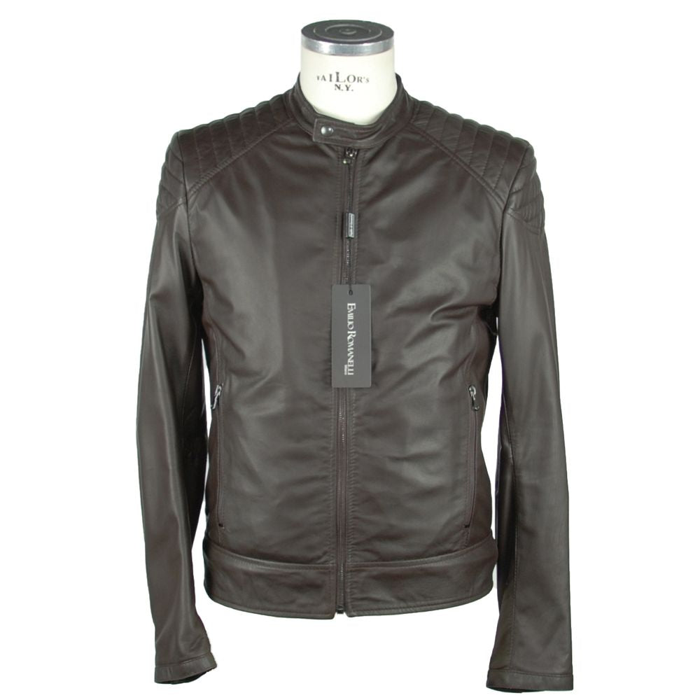 Emilio Romanelli Elegant Brown Leather Zip Jacket - Luxe & Glitz