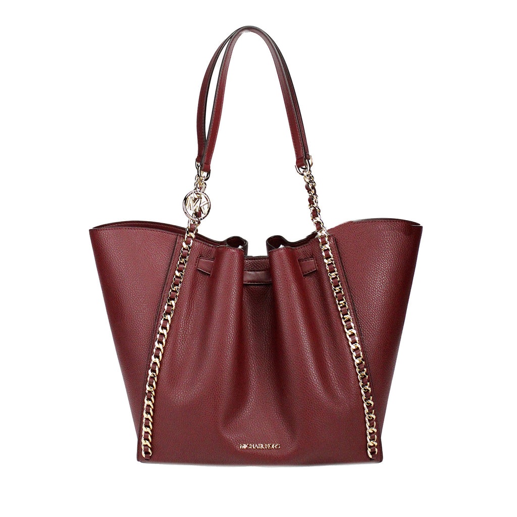 Michael Kors Mina Large Dark Cherry Leather Belted Chain Inlay Tote Bag Michael Kors