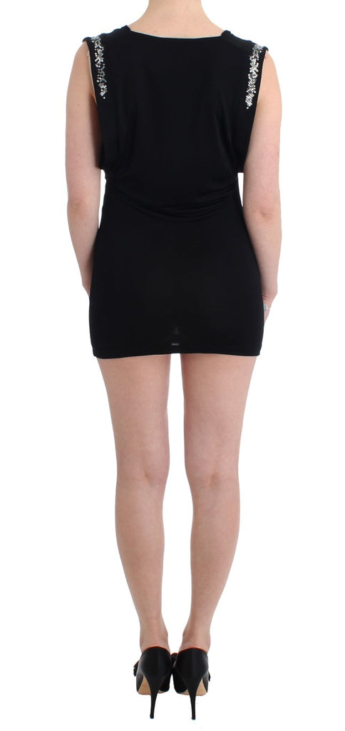 Roccobarocco Black Embellished Jersey Mini Sheath Short Dress - Luxe & Glitz