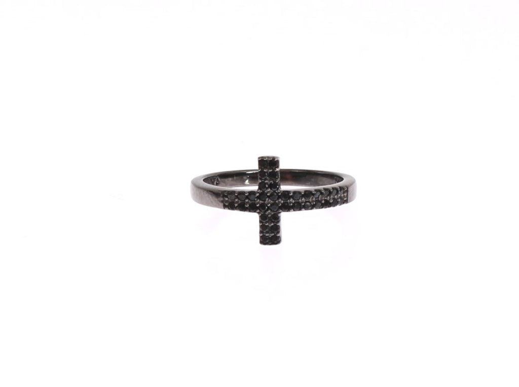Nialaya Black CZ Cross Rhodium 925 Ring Nialaya
