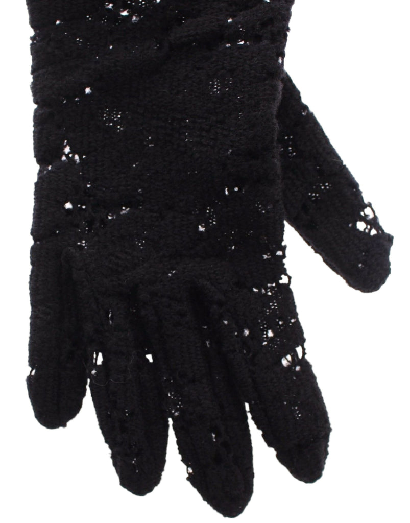 Dolce & Gabbana Black Lace Wool Lambskin Fur Elbow Gloves Dolce & Gabbana
