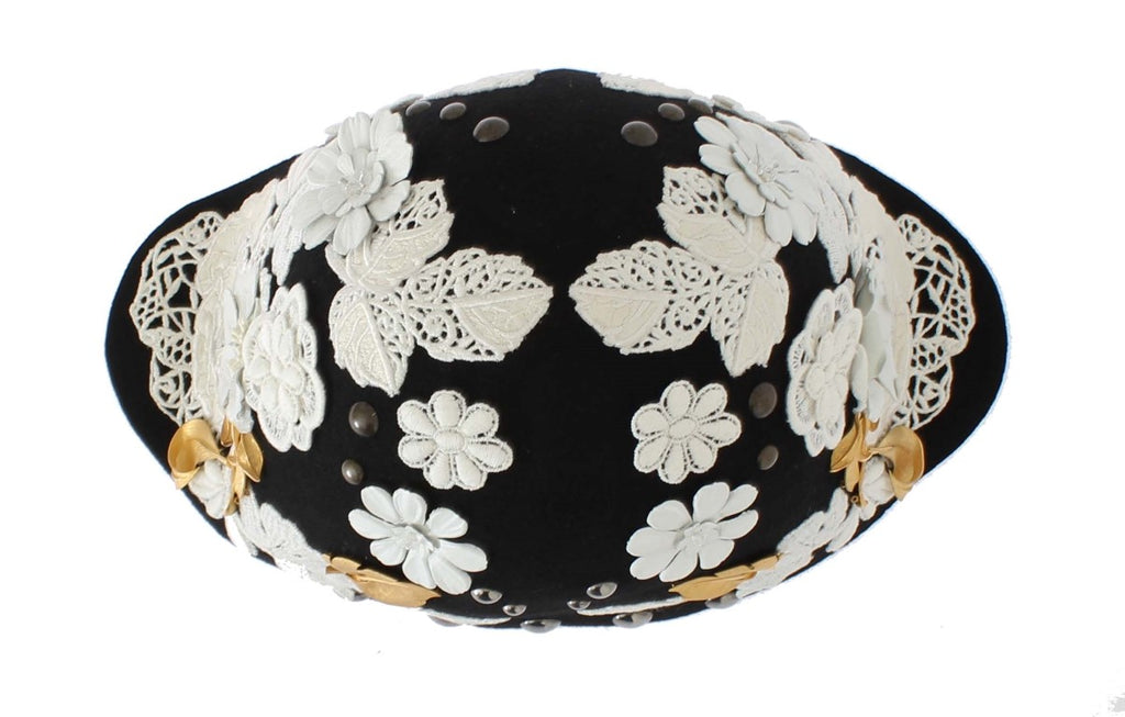 Dolce & Gabbana Black Wool White Floral Gold Leaf Hat Dolce & Gabbana
