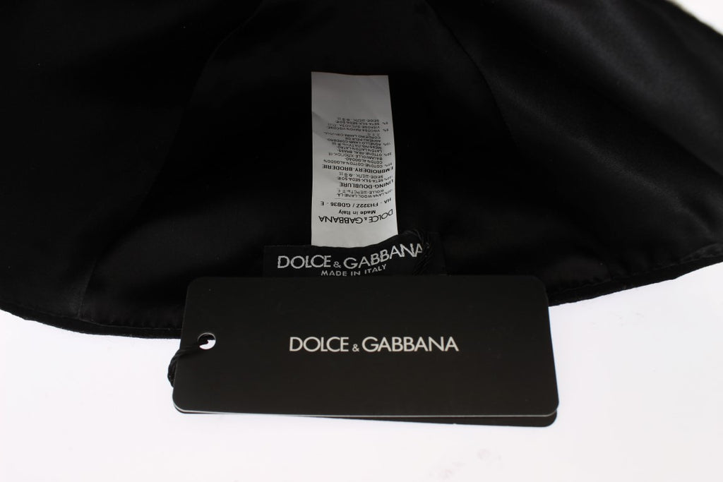 Dolce & Gabbana Black Wool White Floral Gold Leaf Hat Dolce & Gabbana