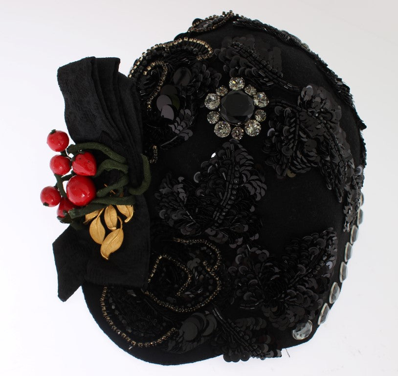 Dolce & Gabbana Black Crystal Gold Cherries Brooch Hat - Luxe & Glitz