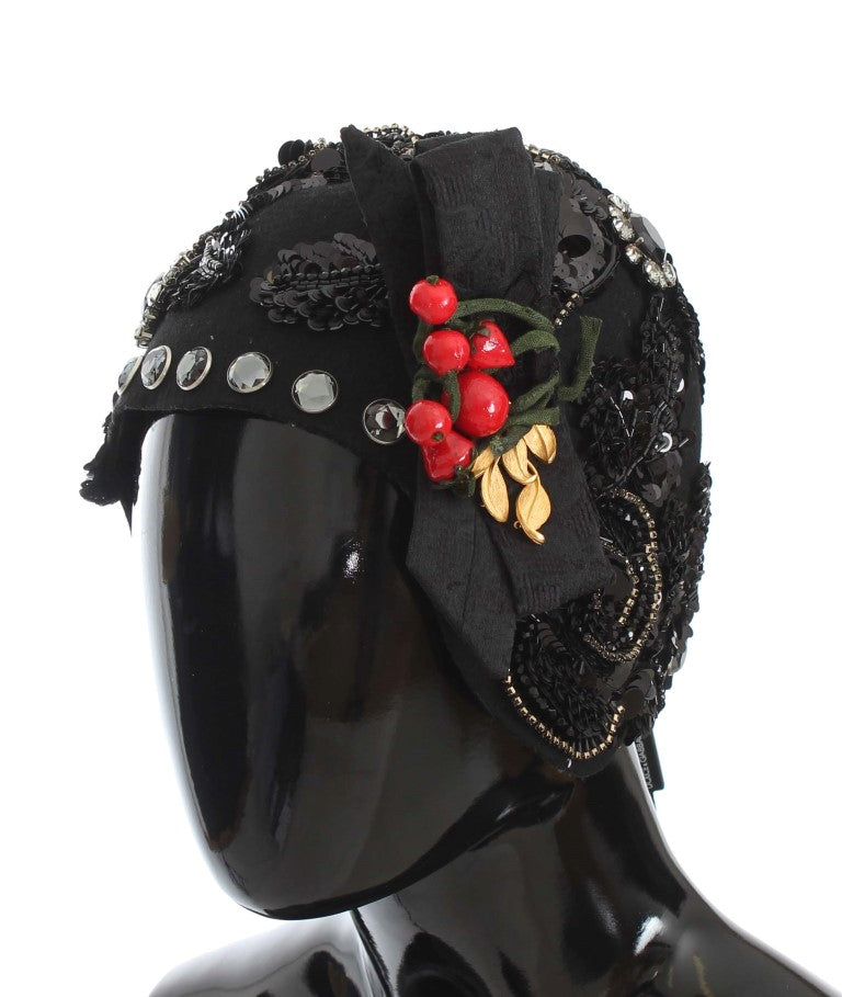 Dolce & Gabbana Black Crystal Gold Cherries Brooch Hat - Luxe & Glitz