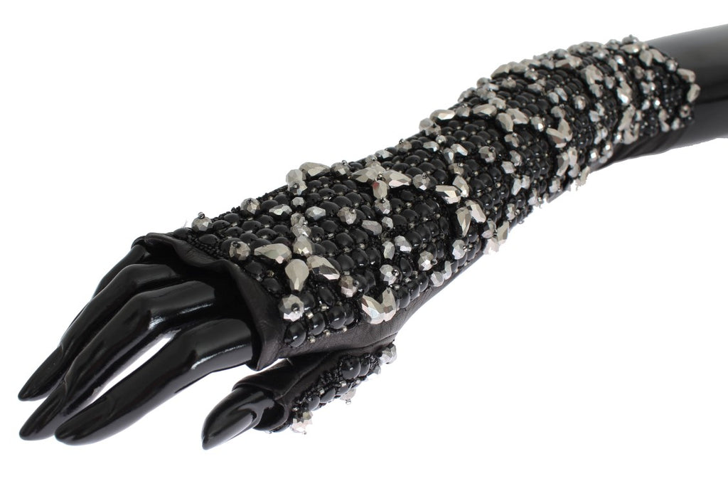 Dolce & Gabbana Black Leather Crystal Beaded Finger Free Gloves - Luxe & Glitz