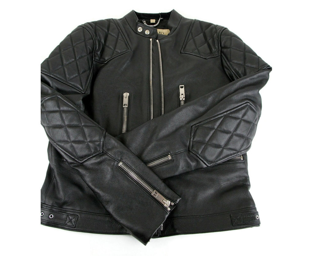 Burberry Burberry Men's Black Leather Diamond Quilted Biker Jacket Burberry