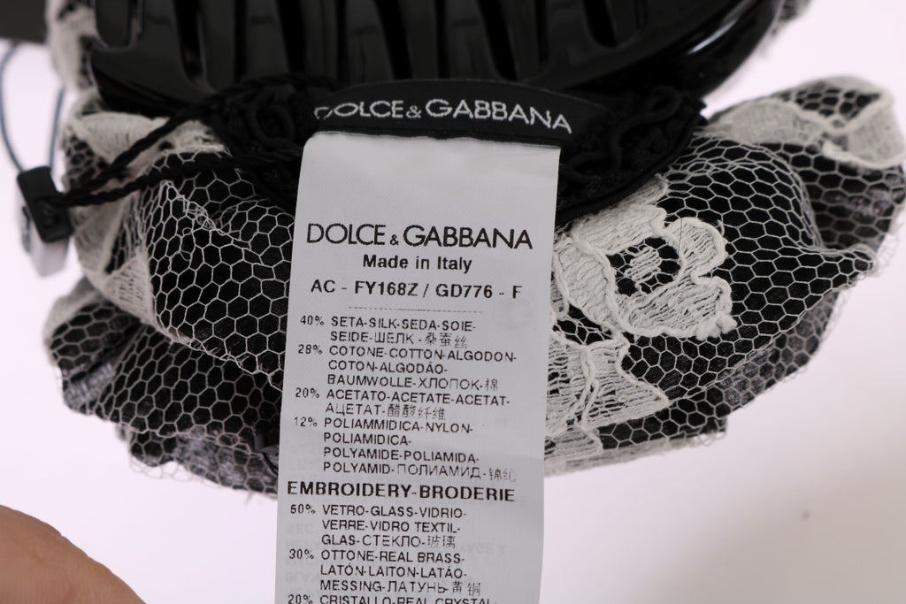 Dolce & Gabbana Black White Floral Lace Crystal Hair Claw - Luxe & Glitz
