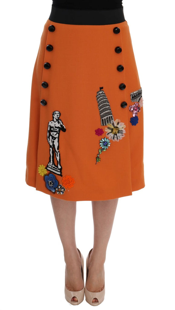 Dolce & Gabbana Orange Wool Crystal Sequin Appliques Skirt - Luxe & Glitz