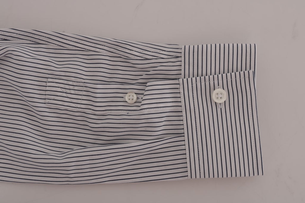 Frankie Morello White Blue Striped Casual Cotton Regular Fit Shirt - Luxe & Glitz