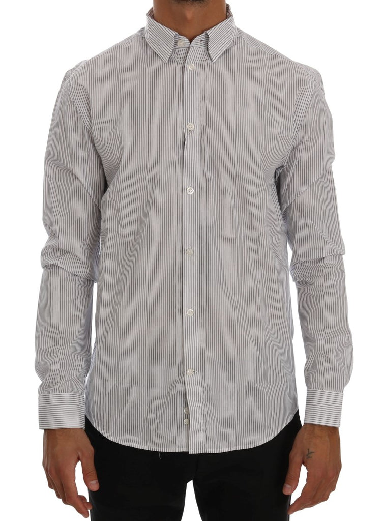 Frankie Morello White Blue Striped Casual Cotton Regular Fit Shirt - Luxe & Glitz