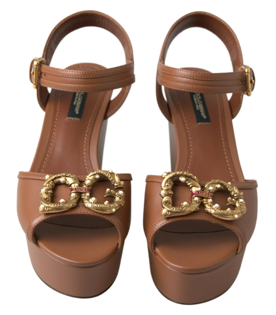 Dolce & Gabbana Brown Leather AMORE Wedges Sandals Shoes Dolce & Gabbana