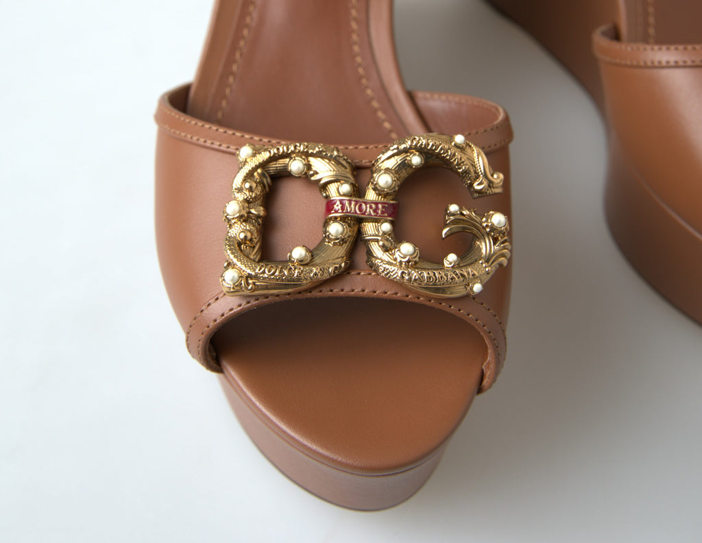 Dolce & Gabbana Brown Leather AMORE Wedges Sandals Shoes Dolce & Gabbana