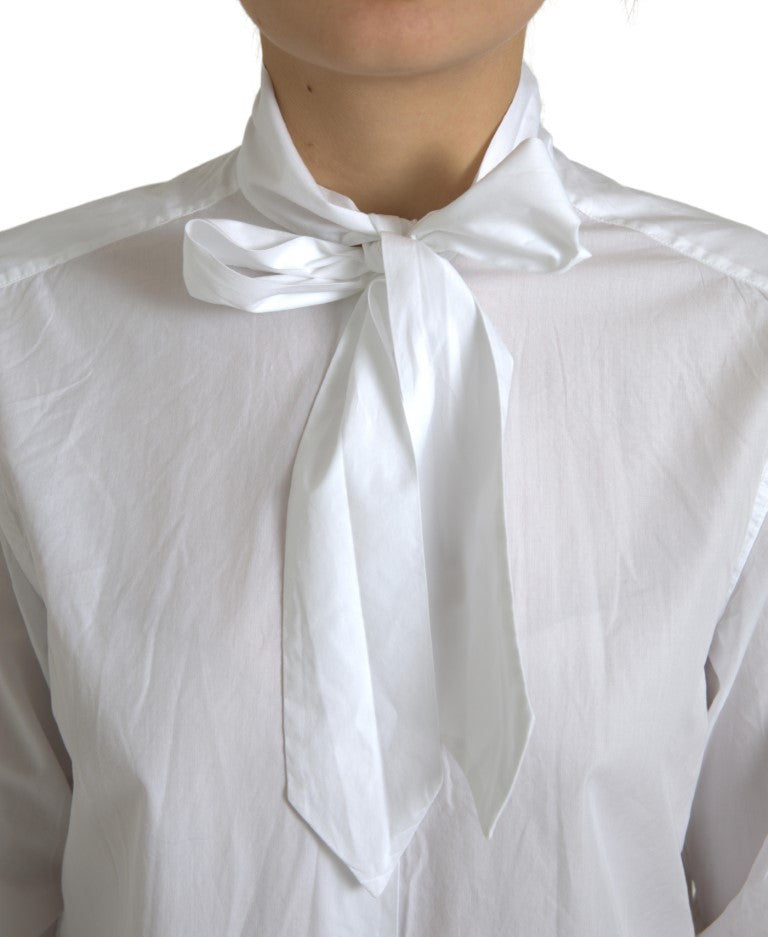 Dolce & Gabbana White Cotton Ascot Collar Long Sleeves Top Dolce & Gabbana