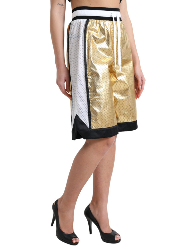 Dolce & Gabbana Gold Polyester Perforated High Waist Shorts Dolce & Gabbana