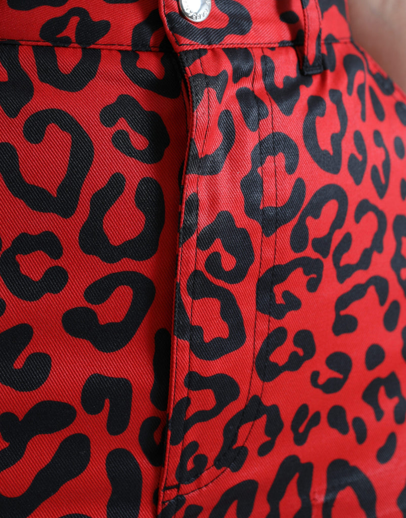 Dolce & Gabbana Red Leopard Print Cotton High Waist Mini Skirt Dolce & Gabbana
