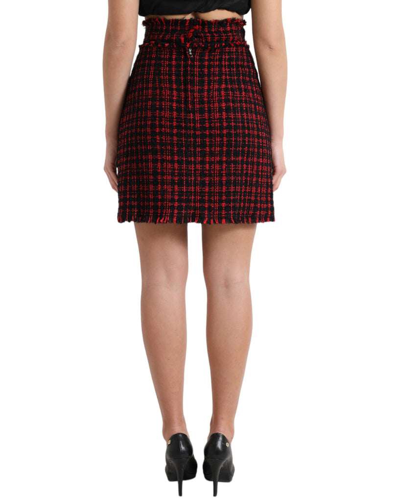 Dolce & Gabbana Black Red Cotton High Waist Tartan Tweed Mini Skirt Dolce & Gabbana