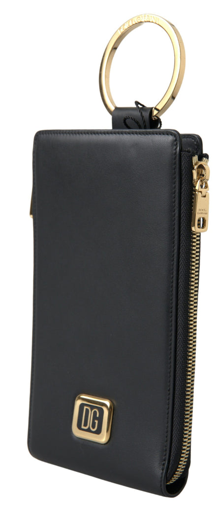 Dolce & Gabbana Black Leather DG Logo Gold Zip Card Holder Men Wallet Dolce & Gabbana