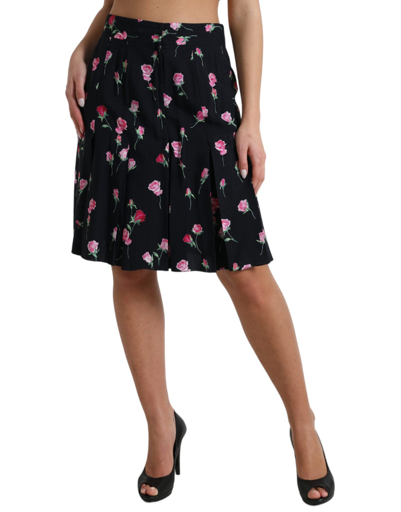 Dolce & Gabbana Black Rose High Waist A-line Knee Length Skirt Dolce & Gabbana