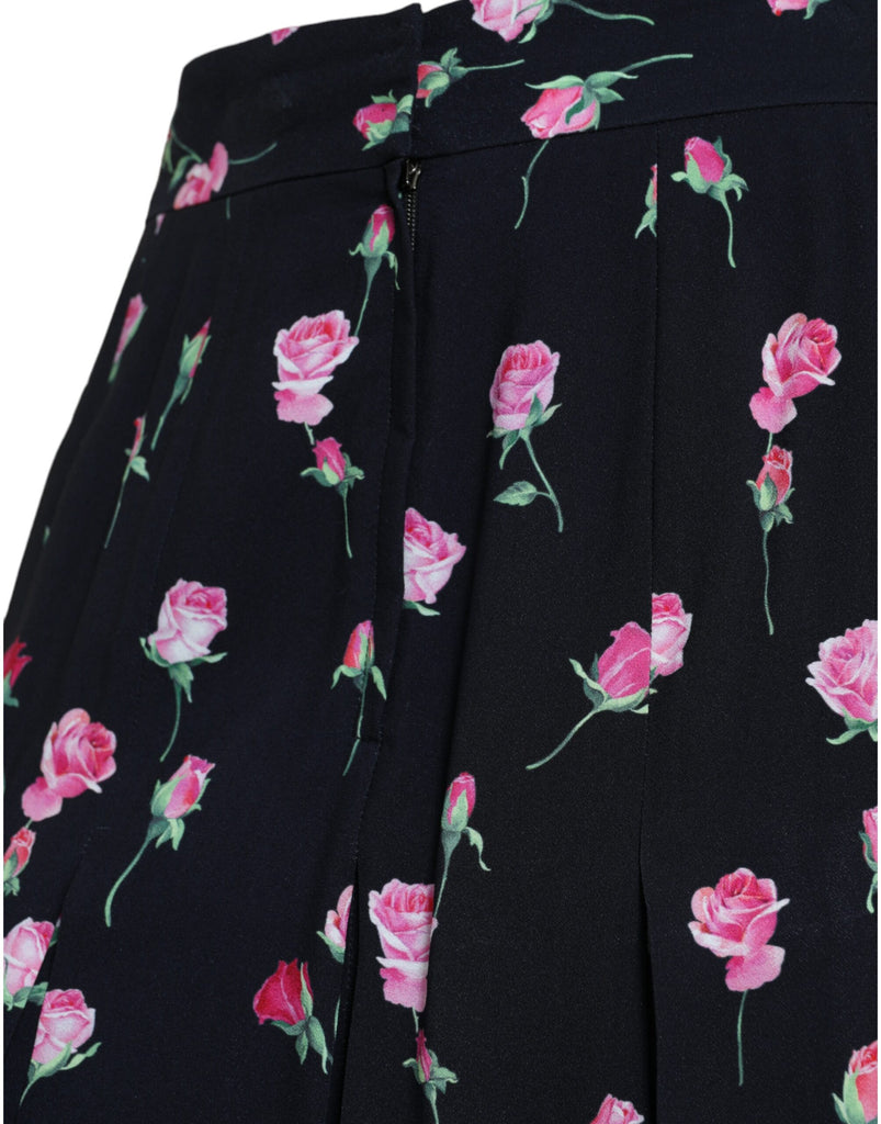 Dolce & Gabbana Black Rose High Waist A-line Knee Length Skirt Dolce & Gabbana