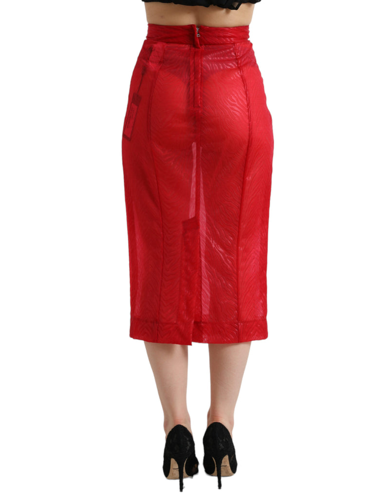 Dolce & Gabbana Red Sheer High Waist Pencil Cut Midi Skirt Dolce & Gabbana