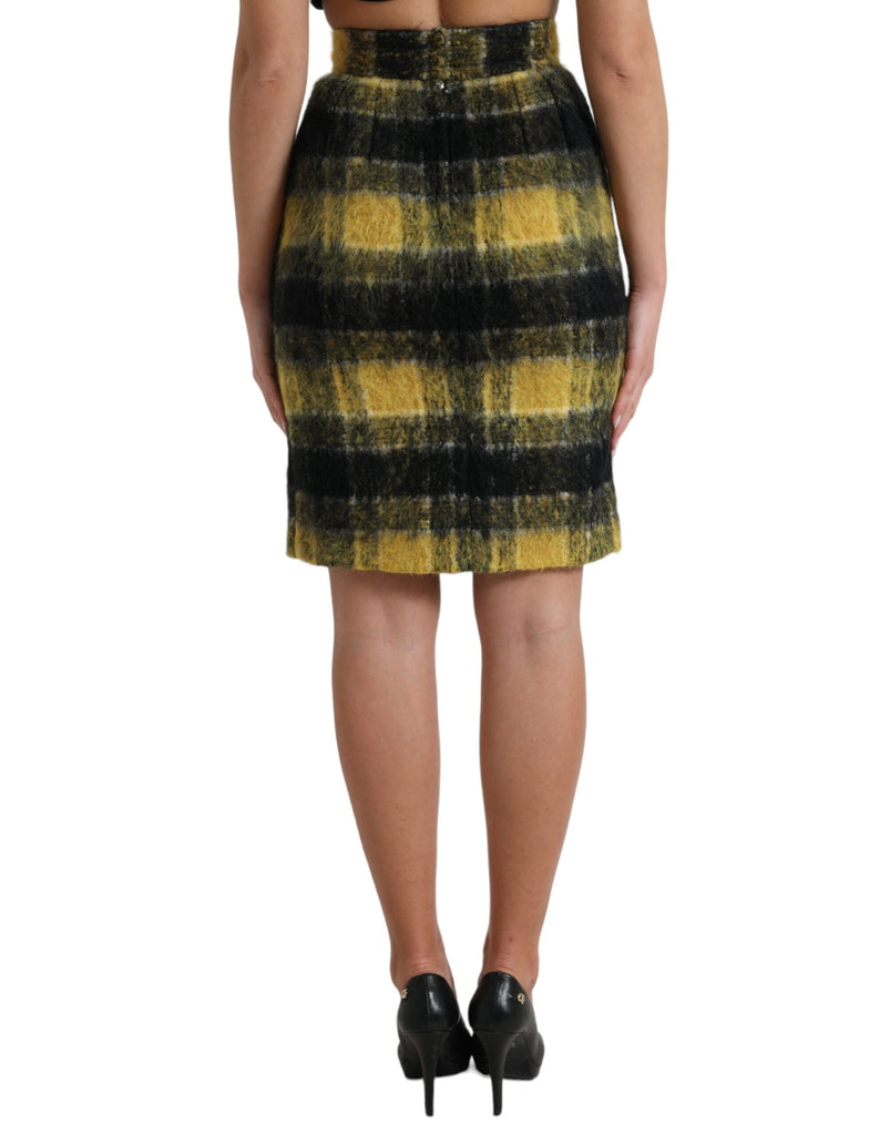 Dolce & Gabbana Yellow Black Brushed Checked Wool Pencil Cut Skirt Dolce & Gabbana