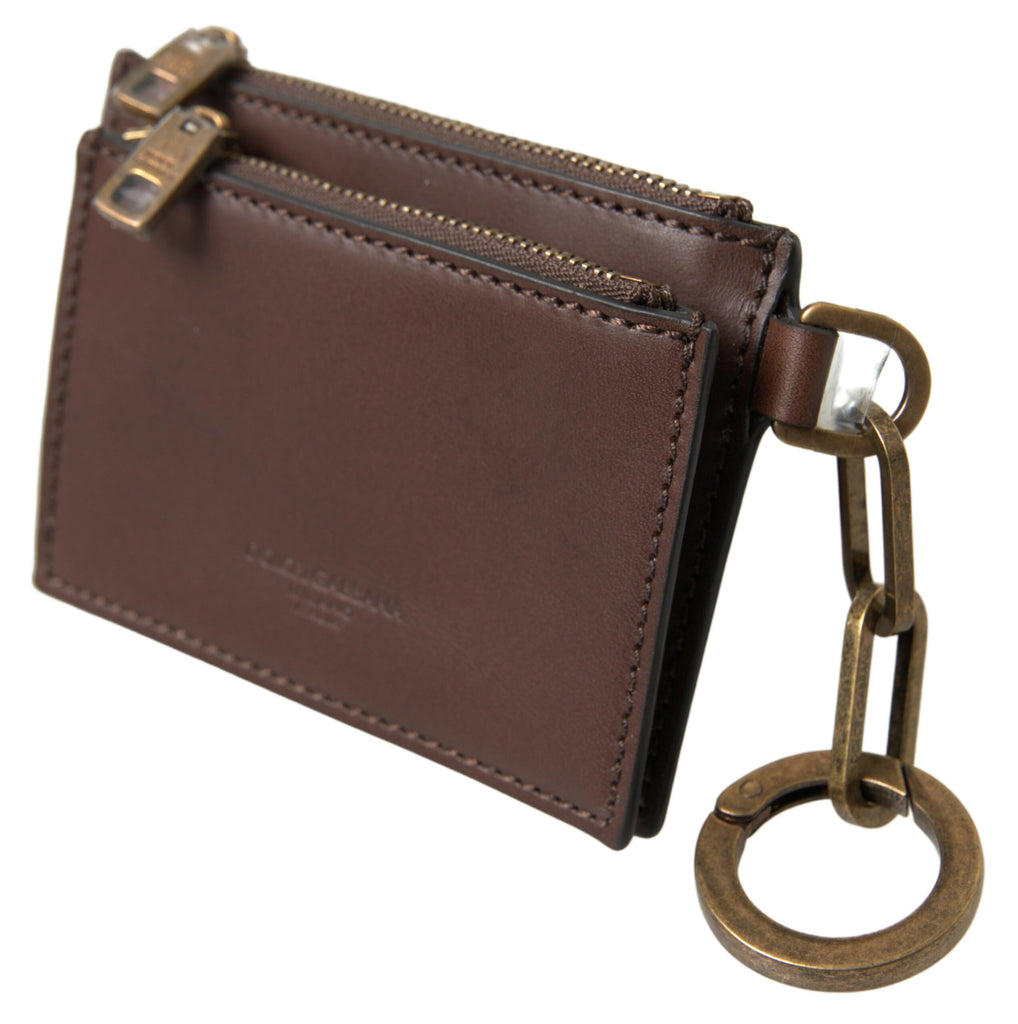 Dolce & Gabbana Brown Leather Zip Logo Keyring Coin Purse Wallet Dolce & Gabbana