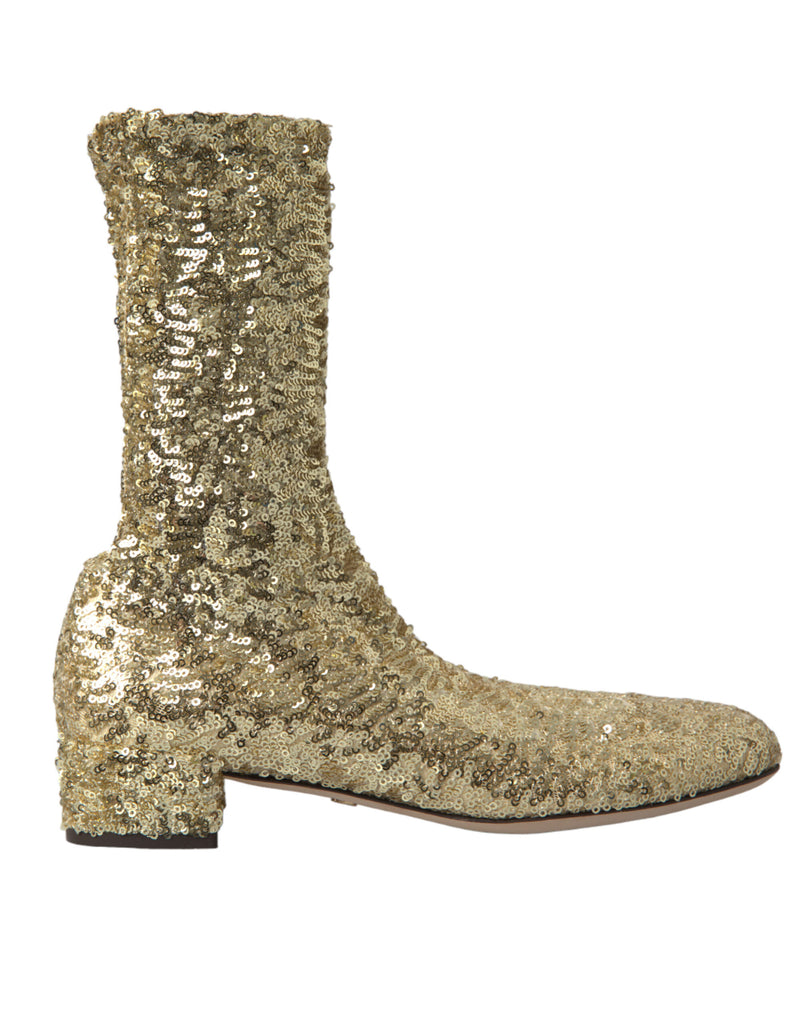 Dolce & Gabbana Gold Sequined Short Boots Stretch Shoes Dolce & Gabbana