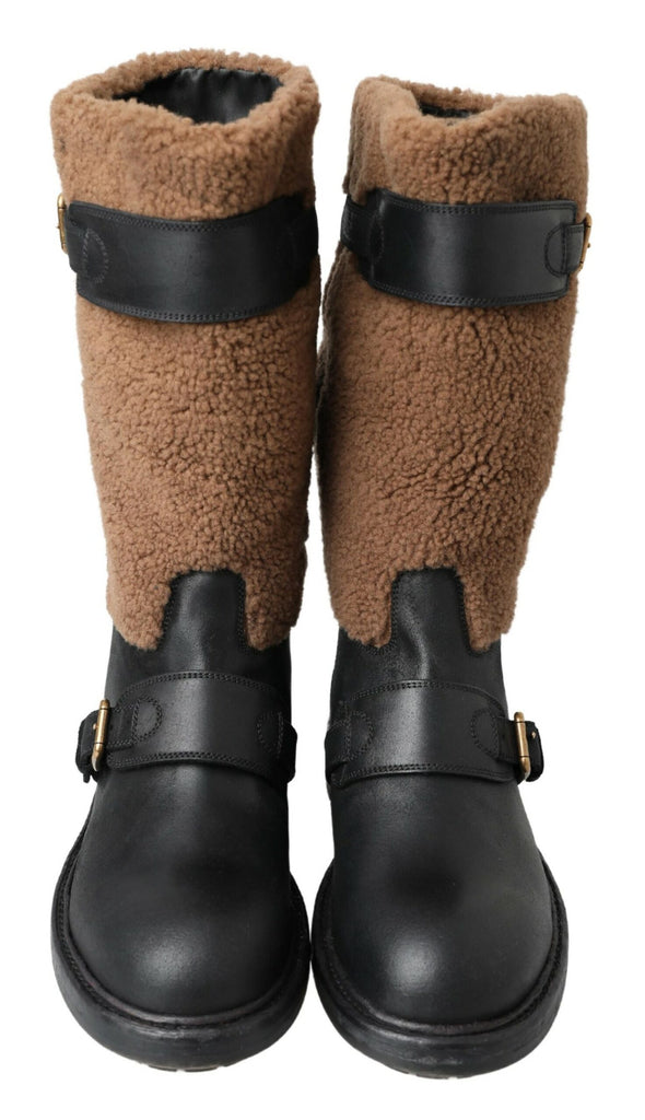 Dolce & Gabbana Black Leather Brown Shearling Boots Dolce & Gabbana