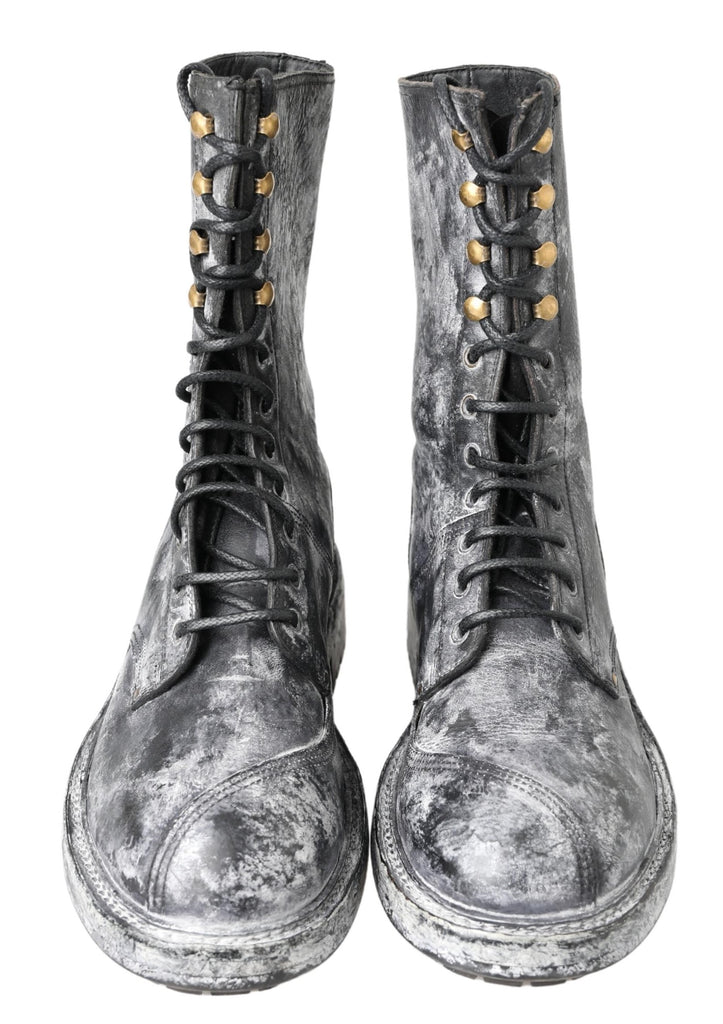 Dolce & Gabbana Black Gray Leather Mid Calf Boots Shoes Dolce & Gabbana