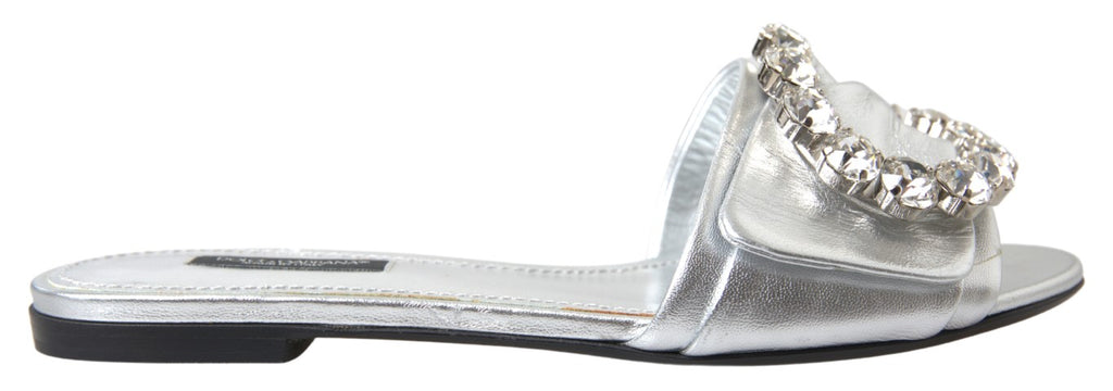 Dolce & Gabbana Silver Crystal Embellished Slides Flat Shoes Dolce & Gabbana