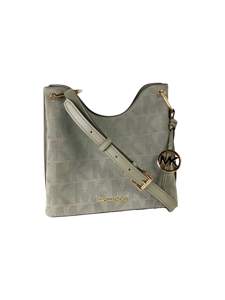 Michael Kors Joan Large Perforated Suede Leather Slouchy Messenger Handbag (Army Green) Michael Kors