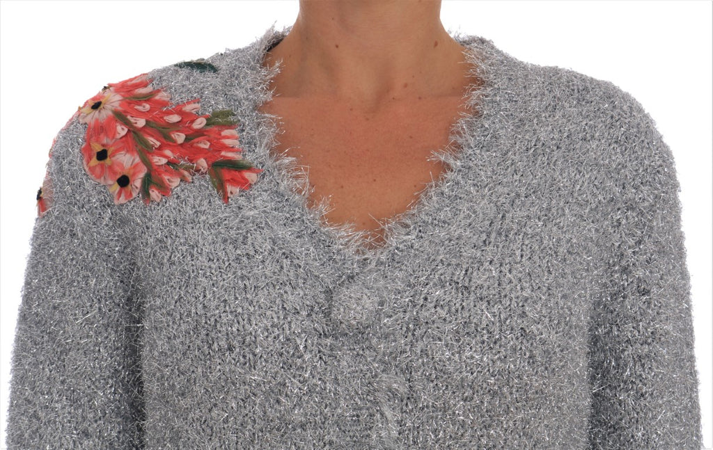 Dolce & Gabbana Silver Cardigan Floral Applique Sweater - Luxe & Glitz