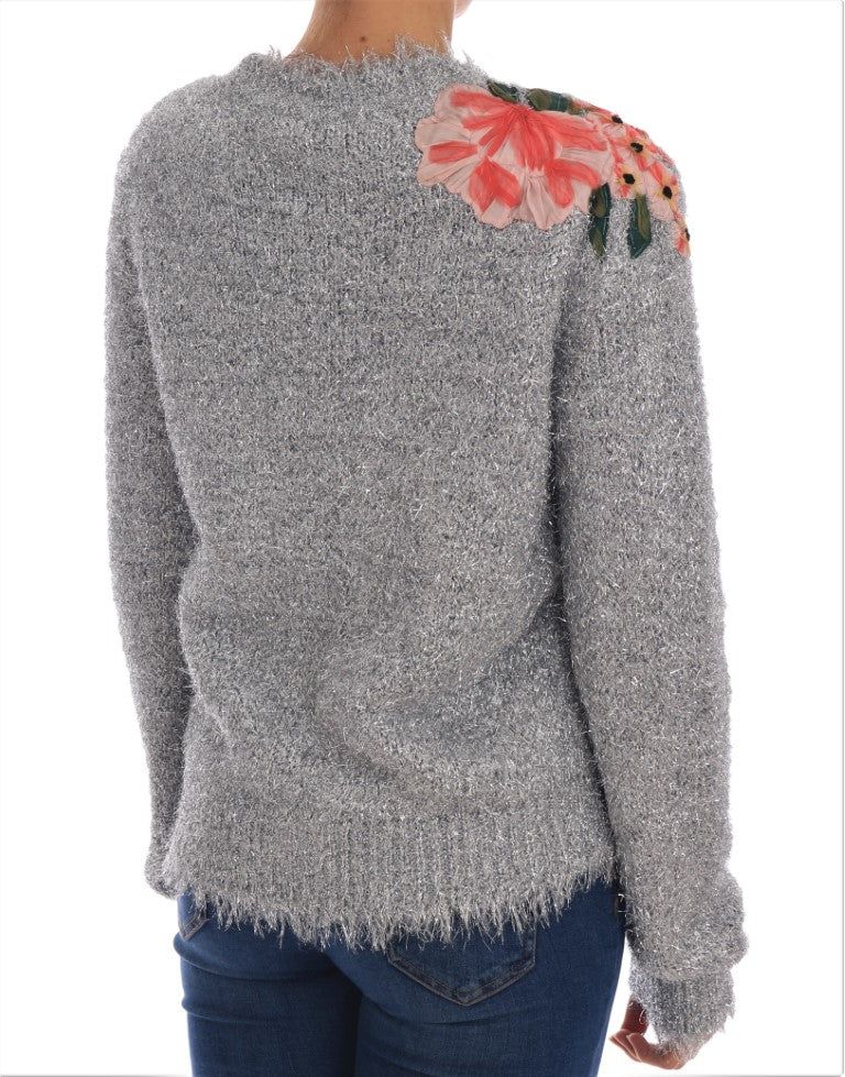 Dolce & Gabbana Silver Cardigan Floral Applique Sweater - Luxe & Glitz