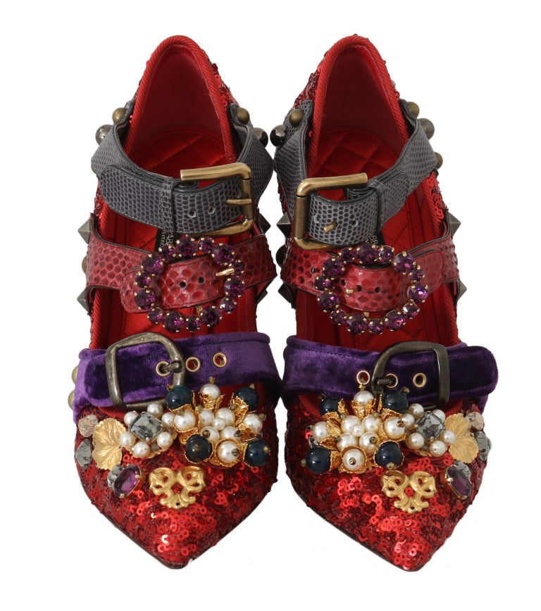 Dolce & Gabbana Red Sequined Crystal Studs Heels Shoes Dolce & Gabbana