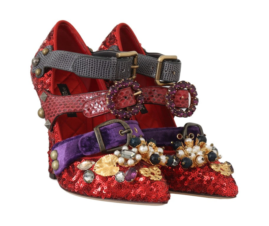 Dolce & Gabbana Red Sequined Crystal Studs Heels Shoes Dolce & Gabbana