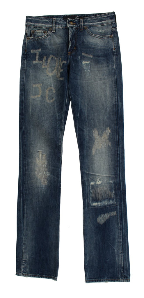 Cavalli Blue Wash Torn Cotton Straight Fit Jeans - Luxe & Glitz