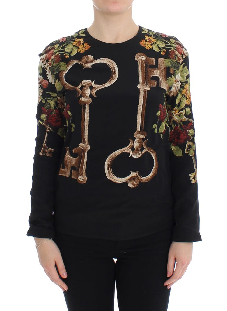 Dolce & Gabbana Black Key Floral Print Silk Blouse Top - Luxe & Glitz