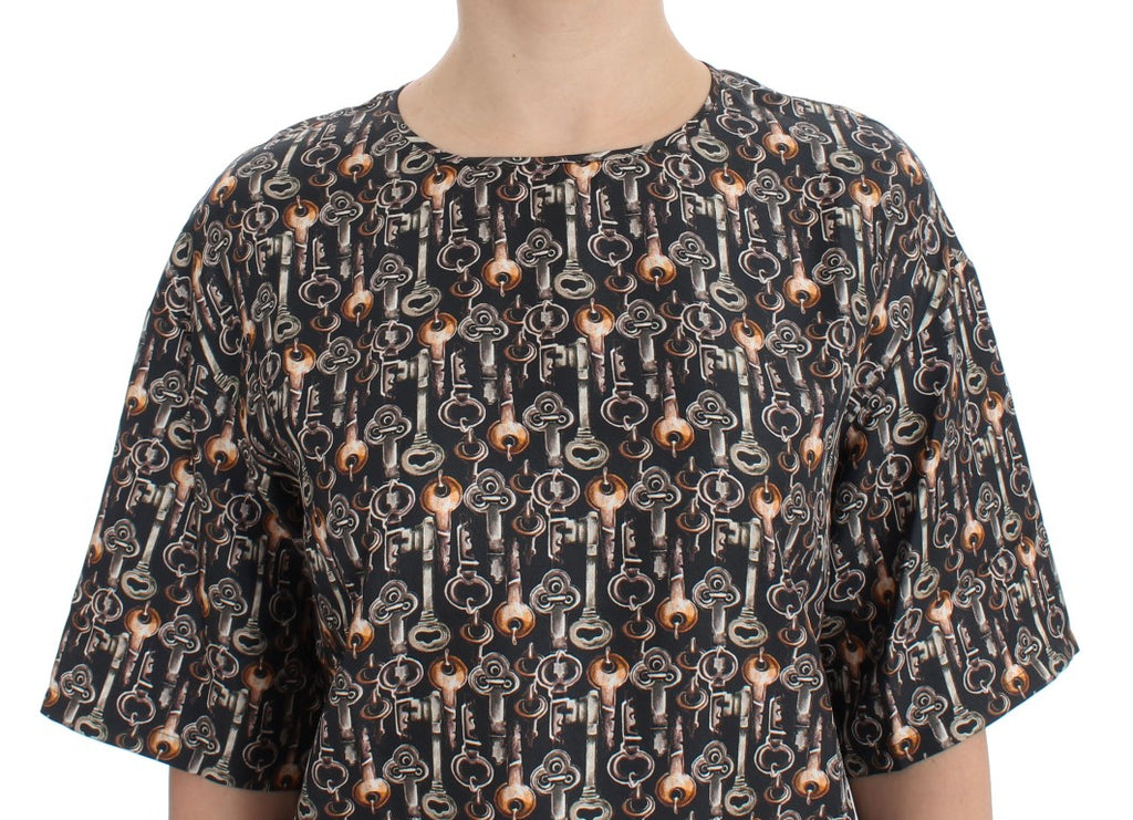 Dolce & Gabbana Gray Gold Key Print Silk Blouse T-shirt - Luxe & Glitz