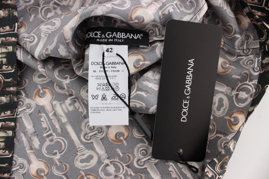 Dolce & Gabbana Gray Gold Key Print Silk Blouse T-shirt - Luxe & Glitz