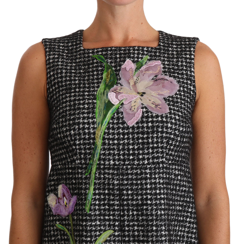 Dolce & Gabbana Gray Houndstooth Floral Appliqué Shift Mini Dress - Luxe & Glitz