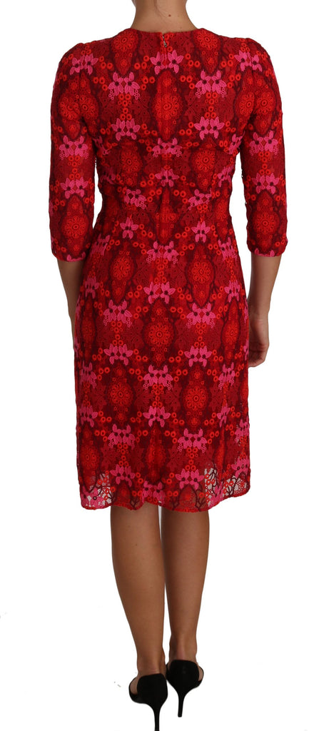 Dolce & Gabbana Floral Crochet Lace Red Pink Sheath Dress - Luxe & Glitz